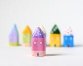 Little Home No 393 - Little clay house - pink house with purple roof with dots