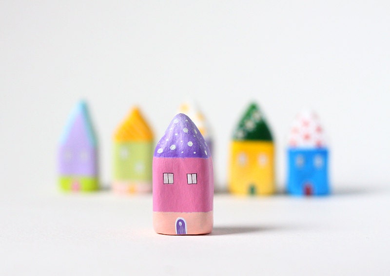 Little Home No 393 - Little clay house - pink house with purple roof with dots