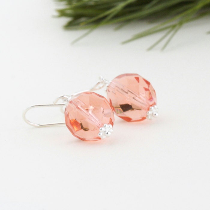 SALE, Peach Glass Earrings, Sterling Silver, Bauble Earrings, Peach Jewelry, Drop Earrings