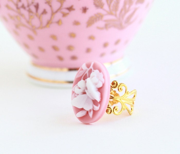 Pink Butterfly Ring, Pink and White, Gold Adjustable Ring