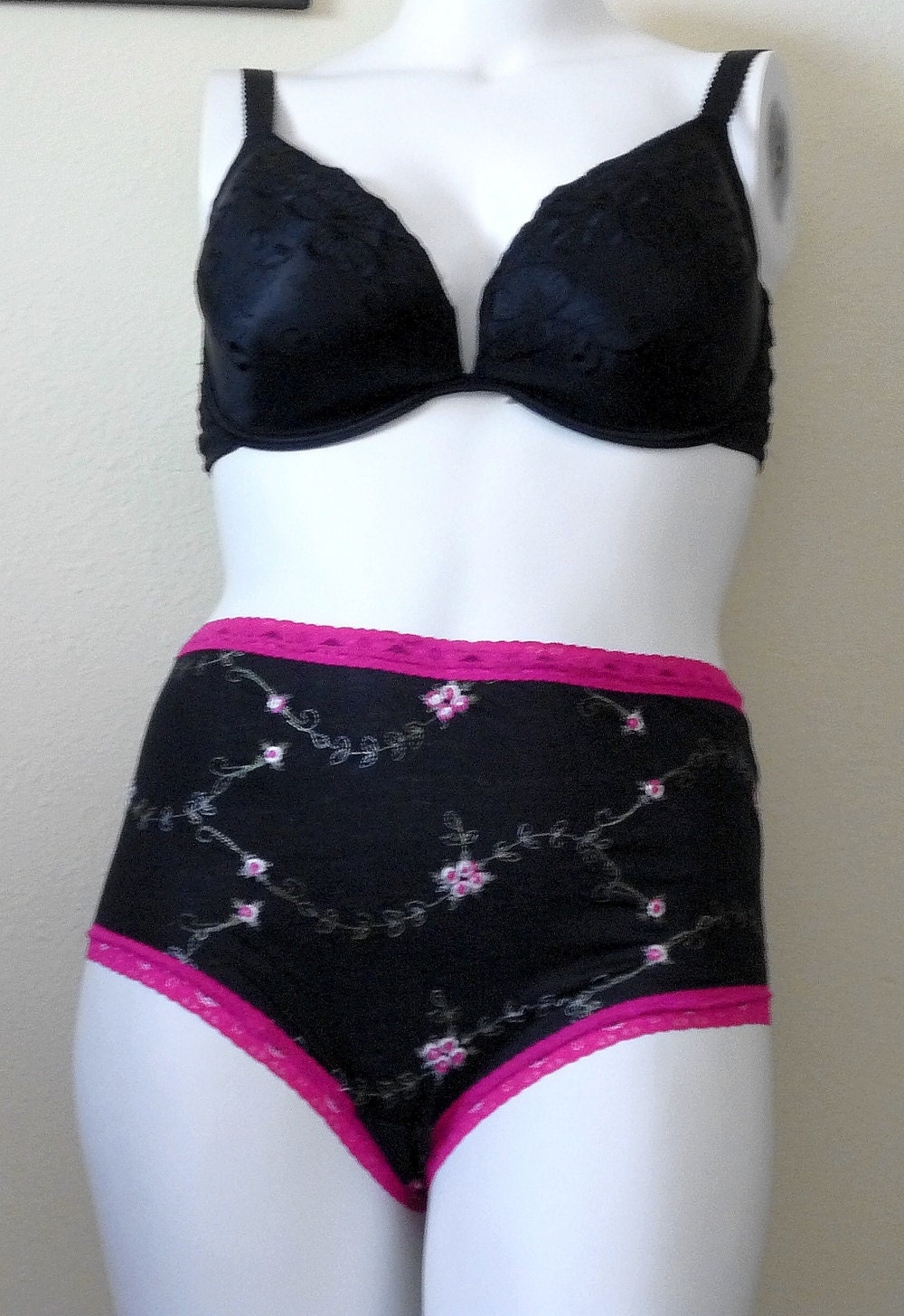 Hot Pink and Black Embroidered High Waist Panties XL to XXL