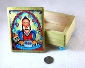 Jewelry Box, Mexican Peasant Girl Art Wood Box, Girl and Cat OOAK Decoupaged Wooden Cat Trinket Box, Day of the Dead, Red Blue Green