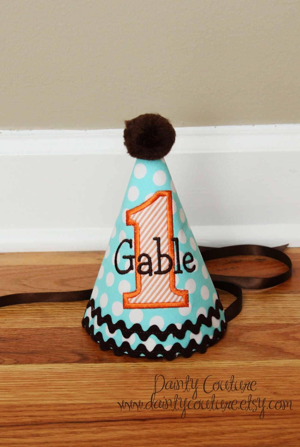 Boys 1st Birthday Hat - Aqua dots, orange, and brown - Free Personalization