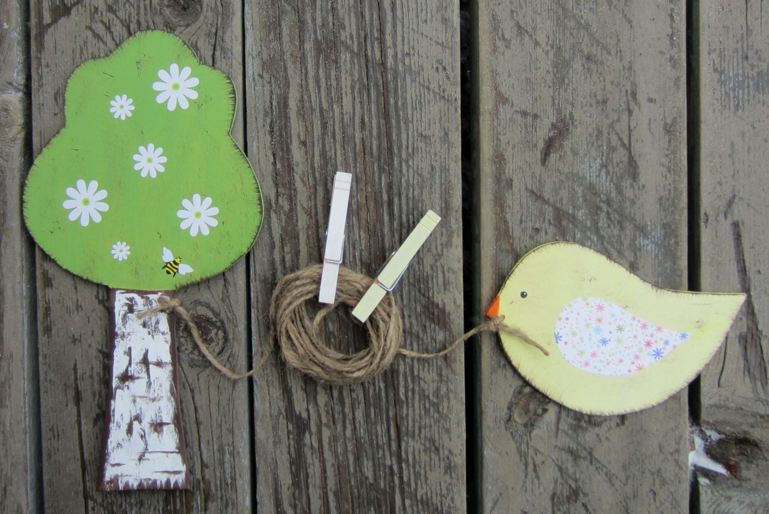 Bird & Birch Tree Art Display Photo Display Clips - Hand Painted Natural Wood - Large Size - Pottery Barn Kids Inspired