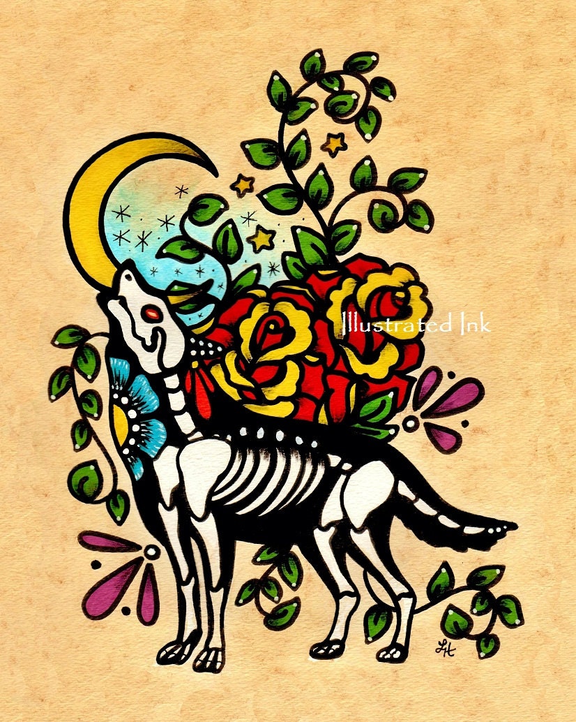 Old School Tattoo WOLF Day of the Dead Art Print 8 x 10 - NEW from Illustrated Ink