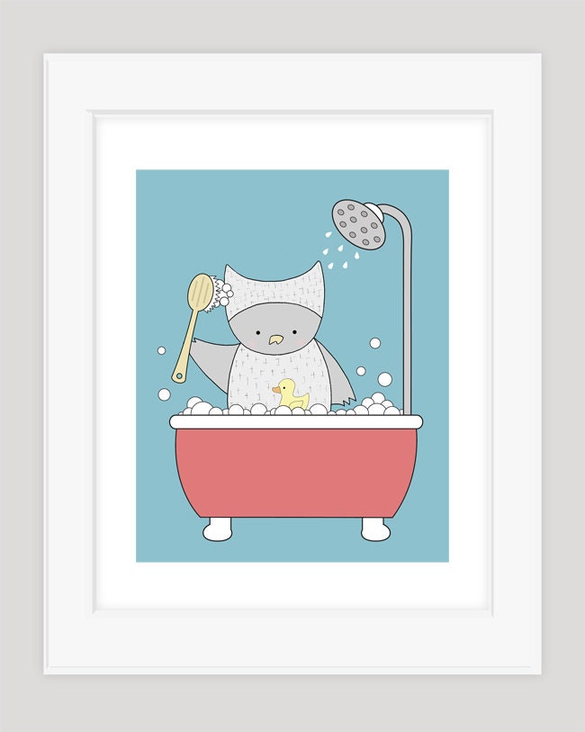 Kid's Bathroom Art, Owl in a Tub, Bathroom Wall Art, Nursery Art, Bathroom Decor