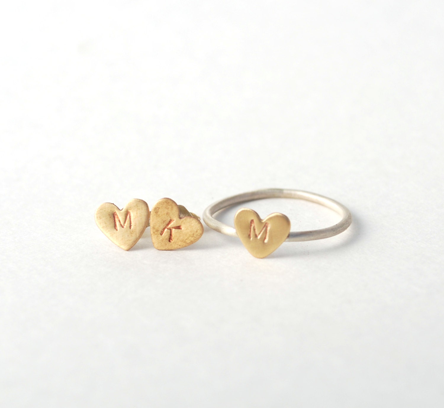 teeny tiny heart brass sterling silver earring stud ring set