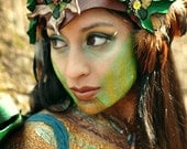 Tribal Faerie Leather Headdress - Earthy Feathered Headpiece With Maple Leaf Motif