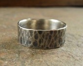 Men's Rustic Rugged Hammered Sterling Silver Wedding Band Recycled Silver Wedding Ring for Him, Plain Simple Wide Band Oxidized Black Silver
