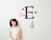 Monogram with birdcage personalized wall decal, Removable vinyl wall art