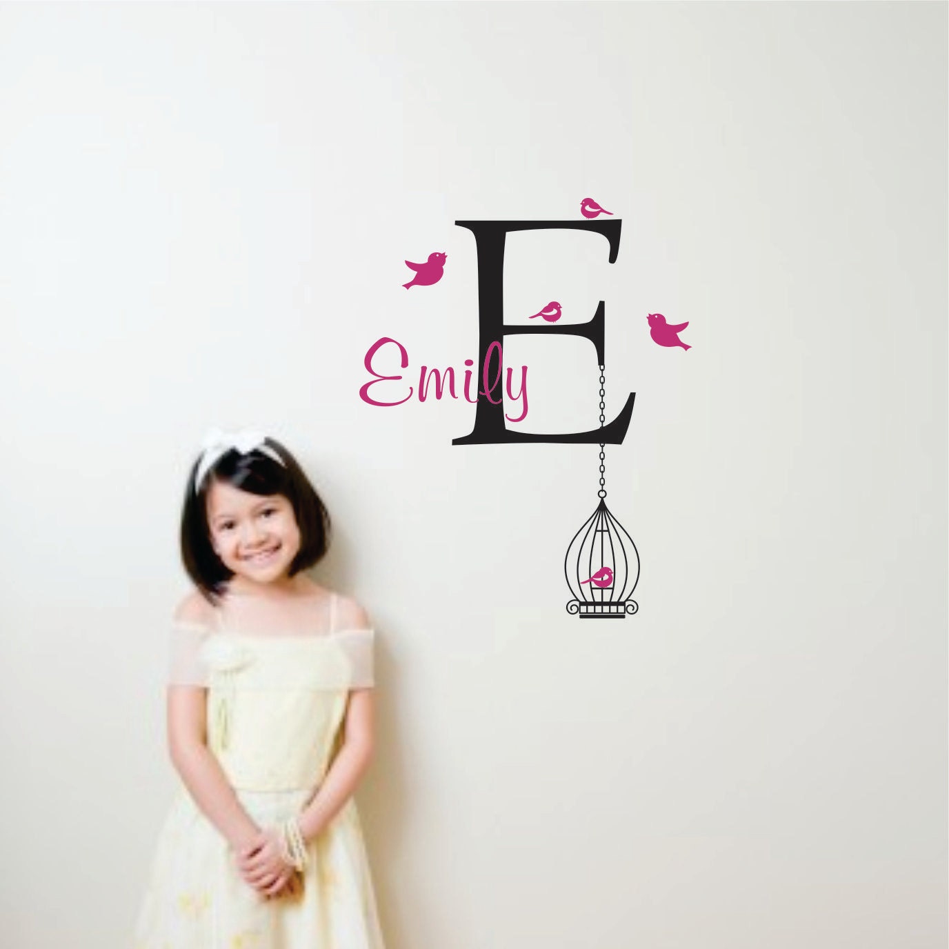 Monogram with birdcage personalized wall decal, Removable vinyl wall art