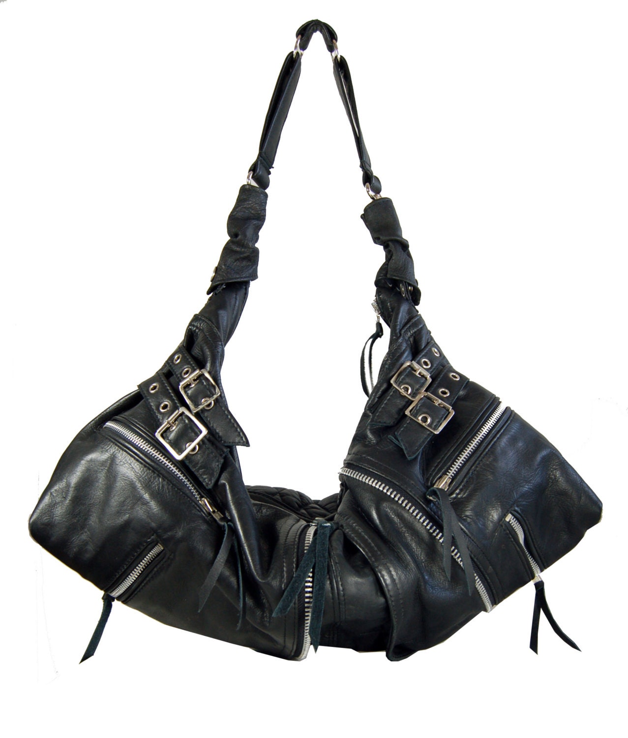 Bibi, Handmade black leather twin size hobo biker bag.