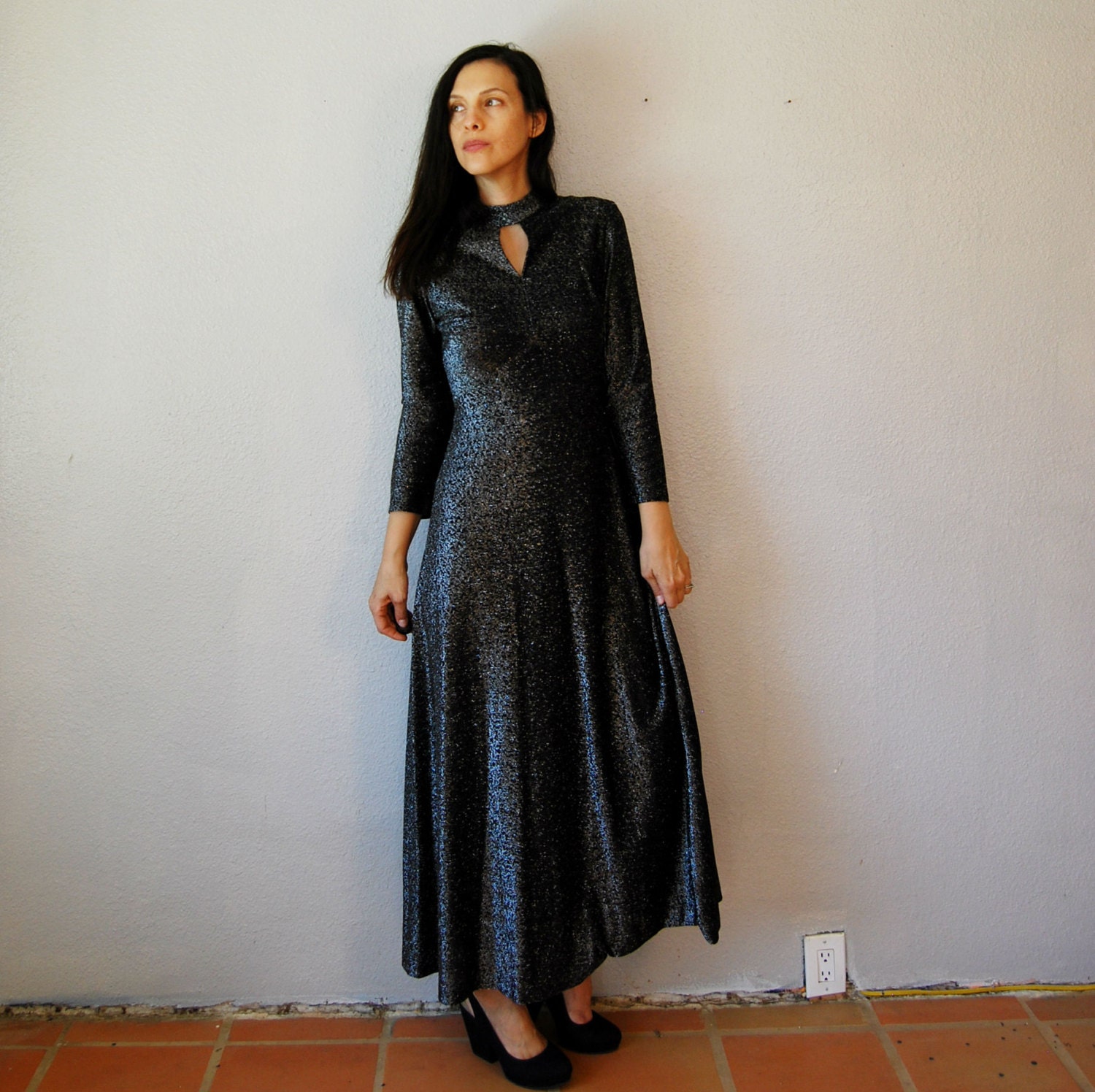 vintage METALLIC saga dress / 1980s GOTH keyhole shimmer dress