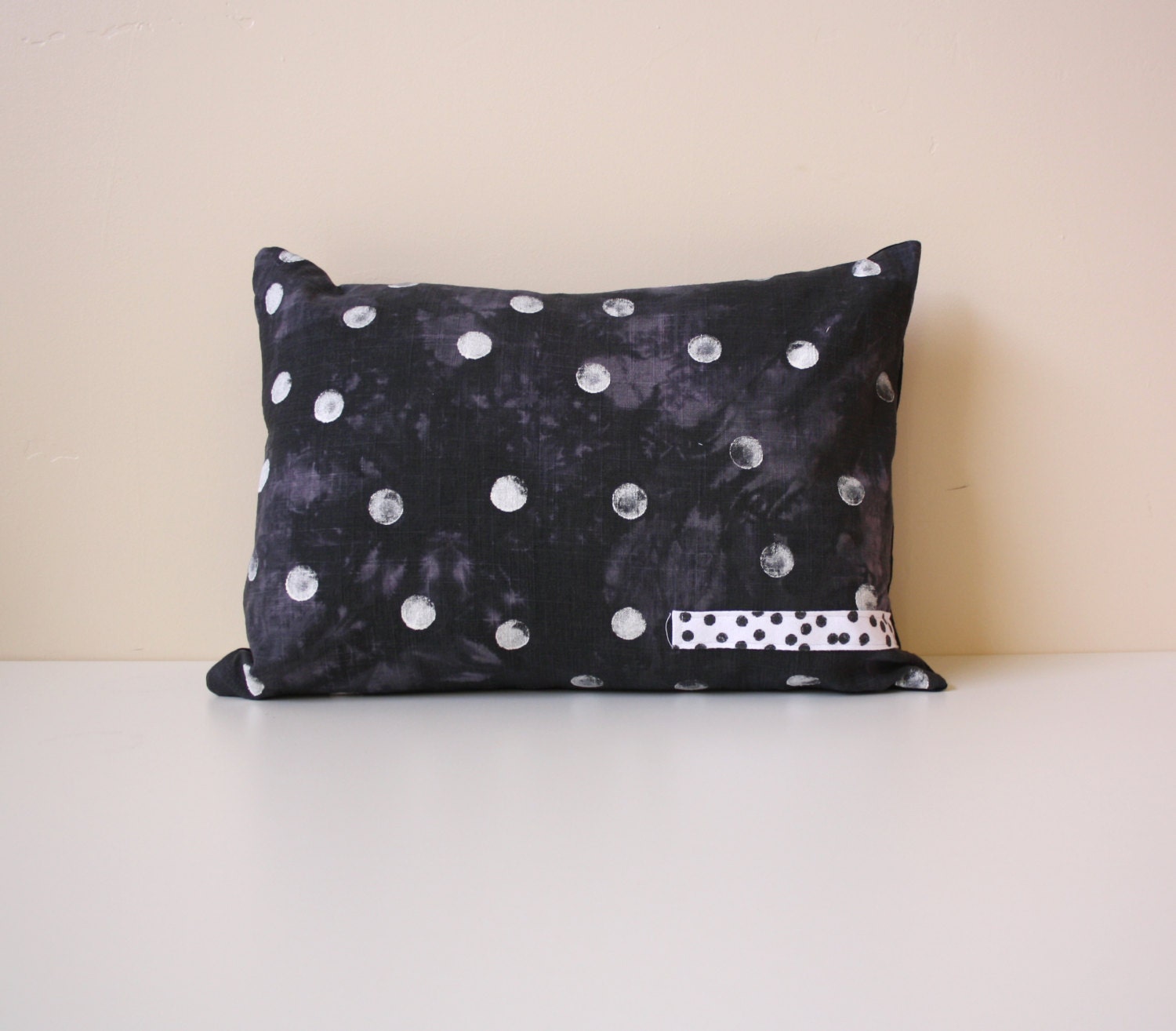 Polka Dot Pillow - Hand Dyed and Printed  - Black - White Dots - Summer - Tie Dye