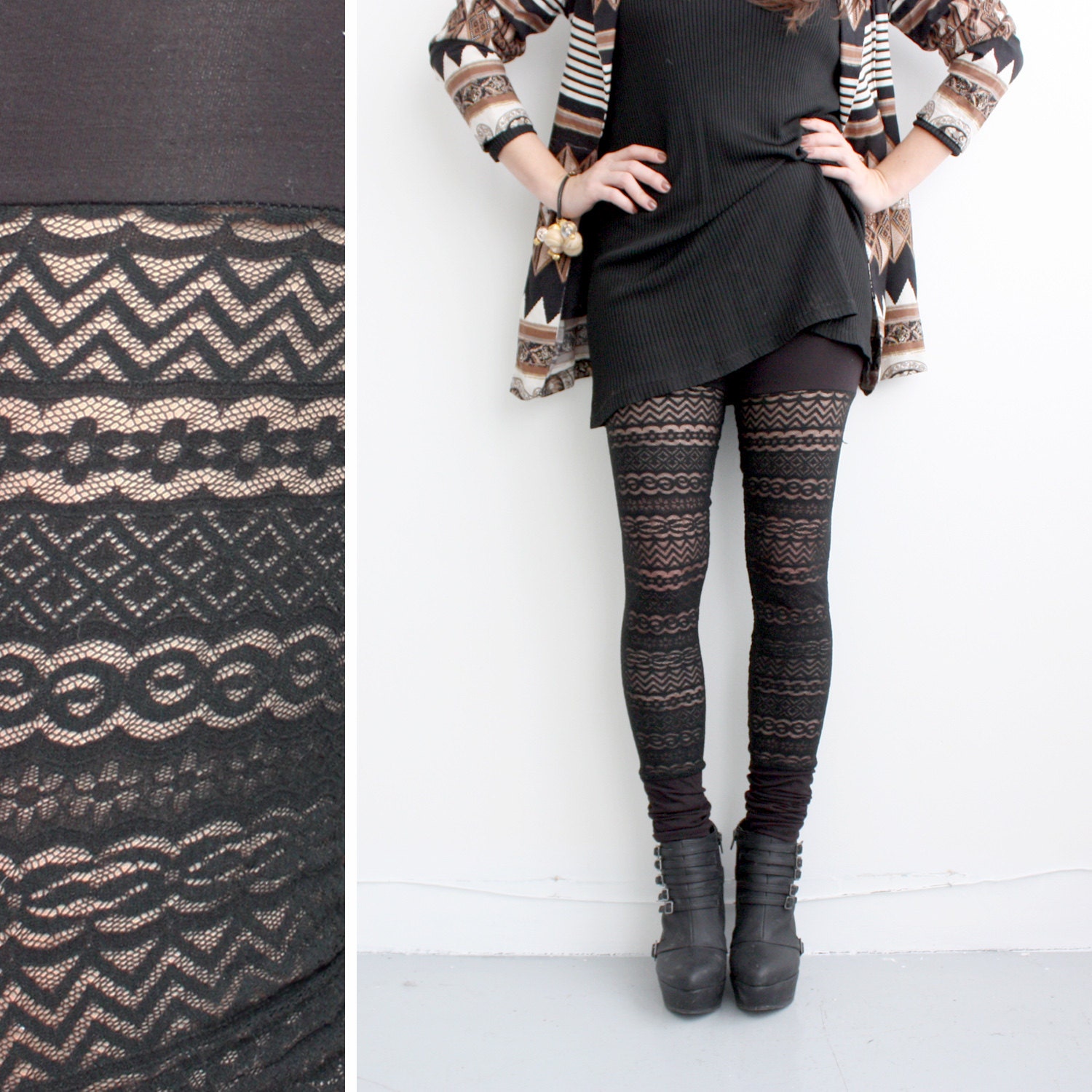 Booty Short Leggings - Zig Zag Lace and Black Bamboo  - XS or S
