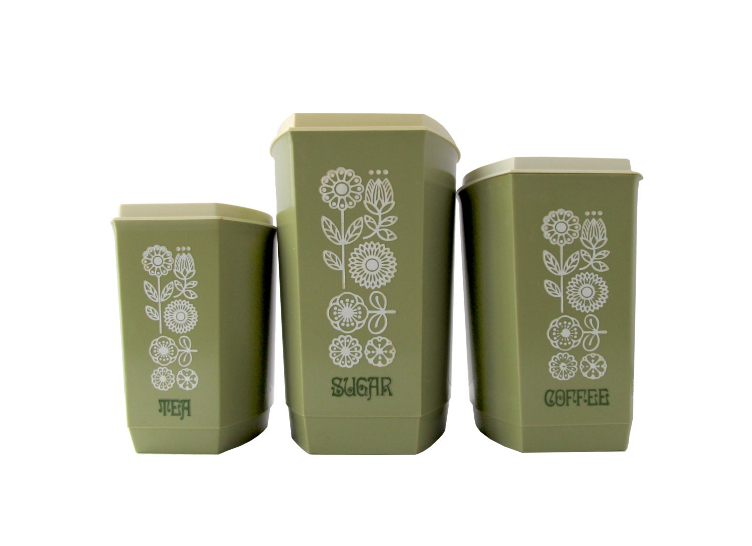 Green FLORAL Canisters for Sugar, Coffee 'n Tea - Set of 3 Plastic Canisters