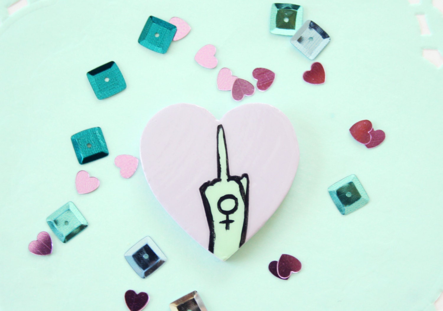 Middle Finger Purple/Mint Heart Brooch