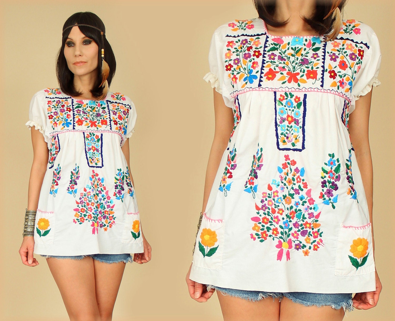 ViNtAgE 70's Artisan Handmade Embroidered Floral Mexican Tunic Top S/M