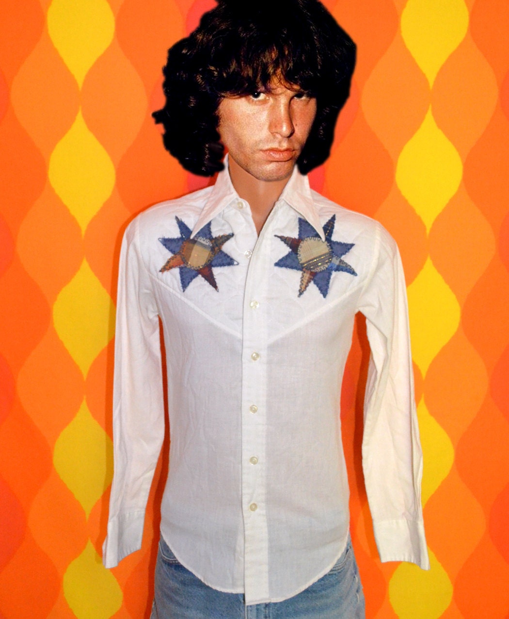 vintage 70s western shirt QUILT sunburst stars fancy embroidered yoke button down metallic rockstar Small 60s