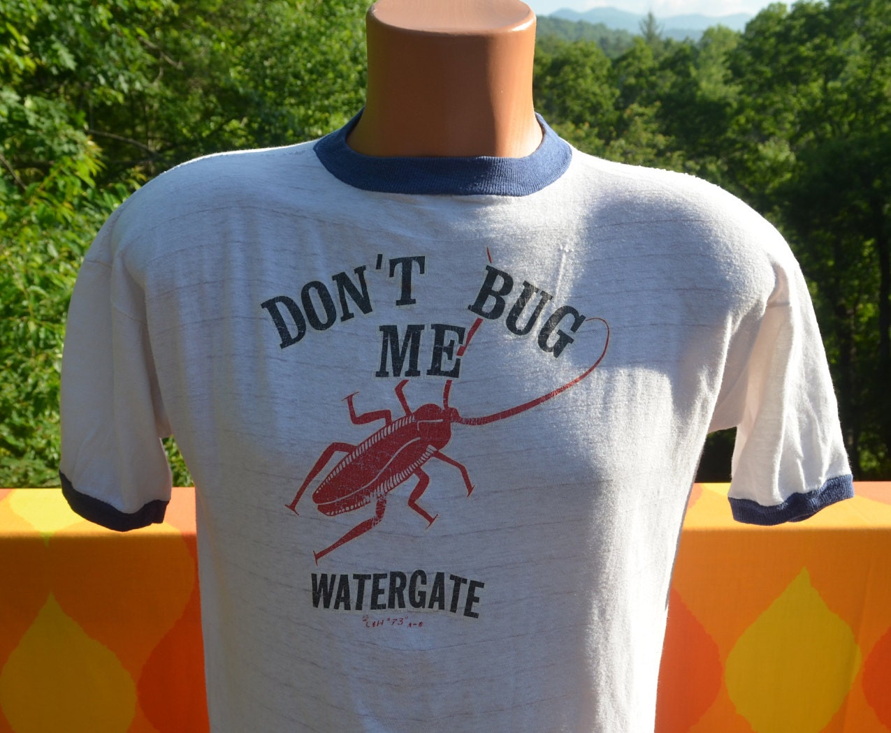 vintage 1973 t-shirt WATERGATE scandal nixon don't bug me ringer tee Medium funny politics 70s