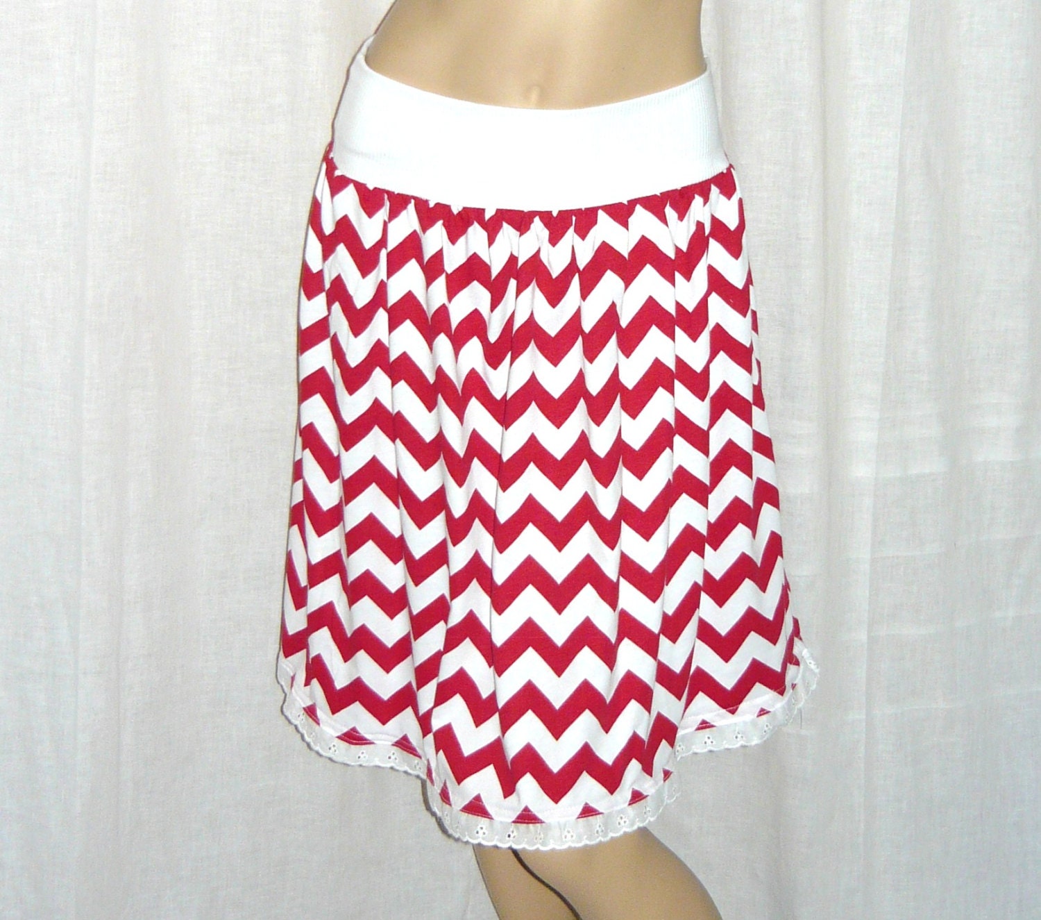Chevron Maxi Skirt Red Fold over top Flirty Knee Length M-XL Cotton Jersey Phatcatpatch