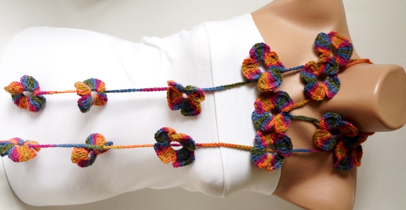 Flower Scarf, Handmade Crochet , Autumn mix tones, Flower Lariat, Scarf, Necklace