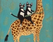 Rocking Giraffe Original Cat Folk Art Painting