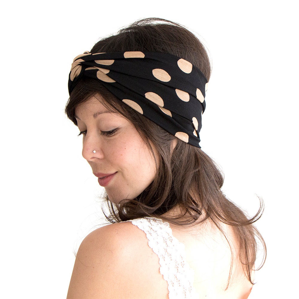 Turban Headband Black with Tan Polka Dot