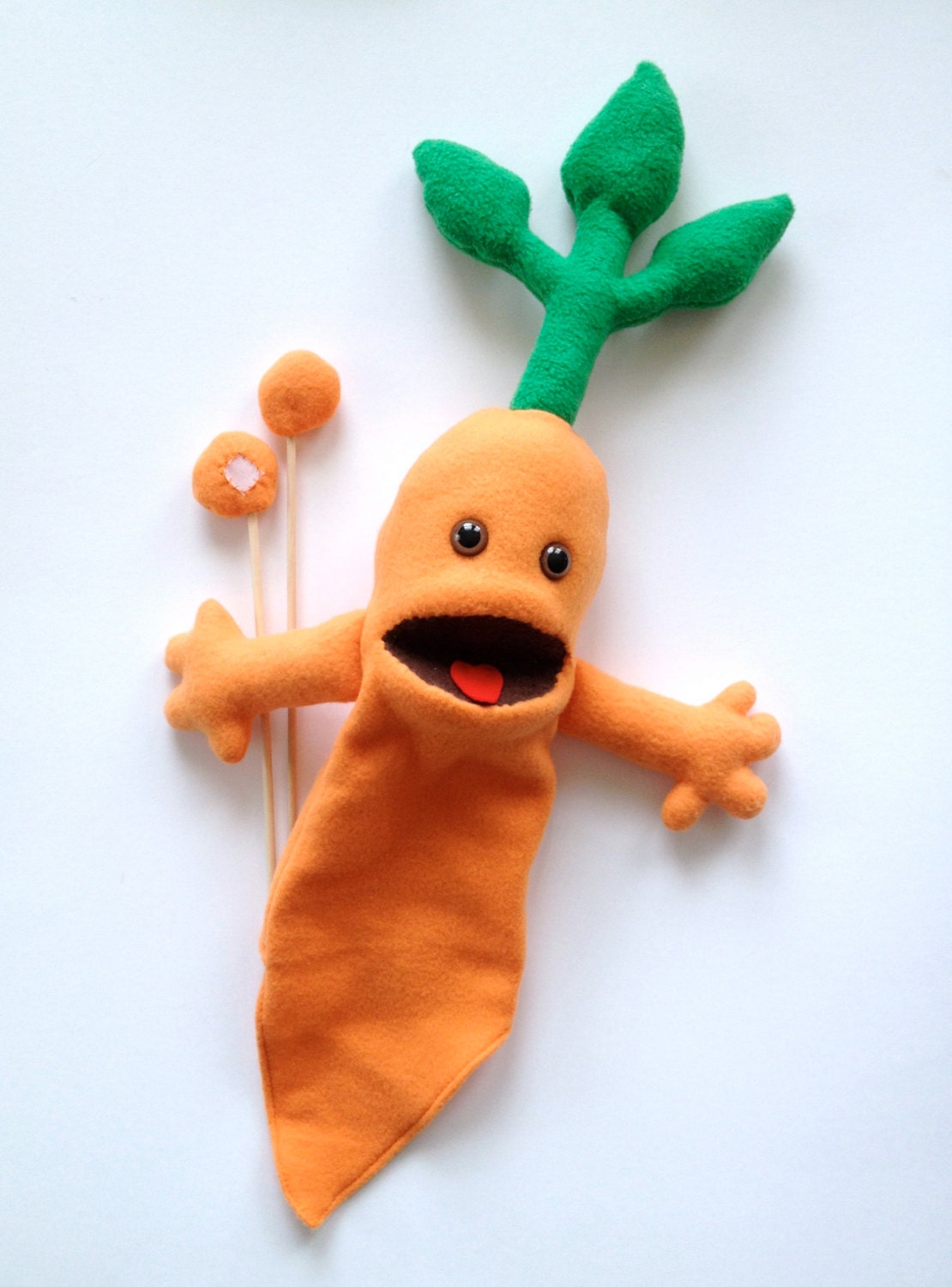 Silly Carrot Hand Puppet - Orange Arm Rods - Handmade Fleece Veggie Puppet