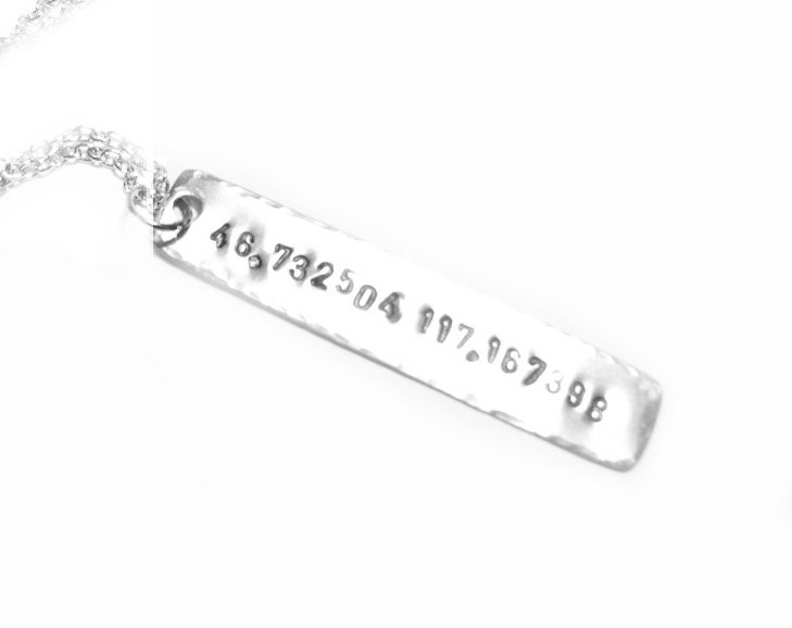 Longitude Latitude Necklace Hand Stamped Personalized Hammered Edge Rectangle Pendant engraved gift Wedding Birthday graduation