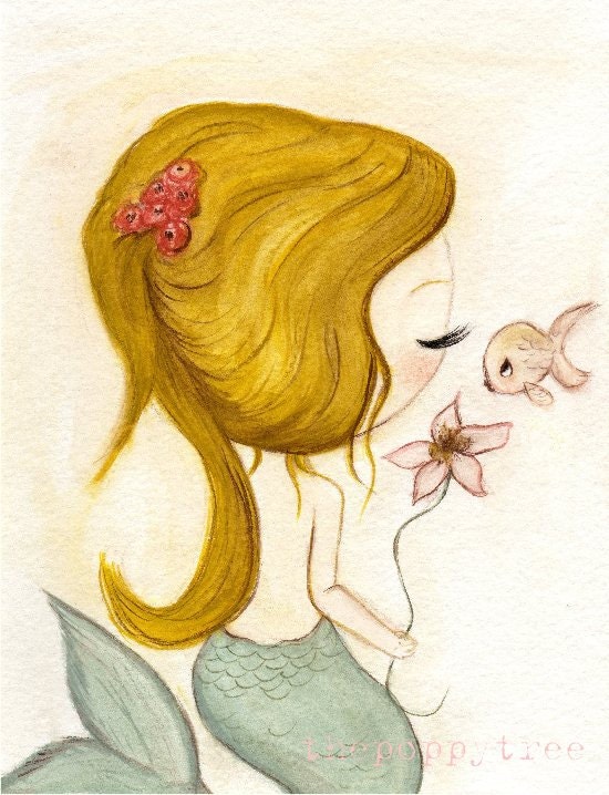 Mermaid Print Fish Kiss Nautical Girl Flower Wall Art 11 x 14---Fin Love