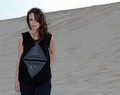 Tshirt for women - cap sleeve t shirt - geometric triangle print on jet black a-line cotton tops - summer fashion - Rule of Thirds
