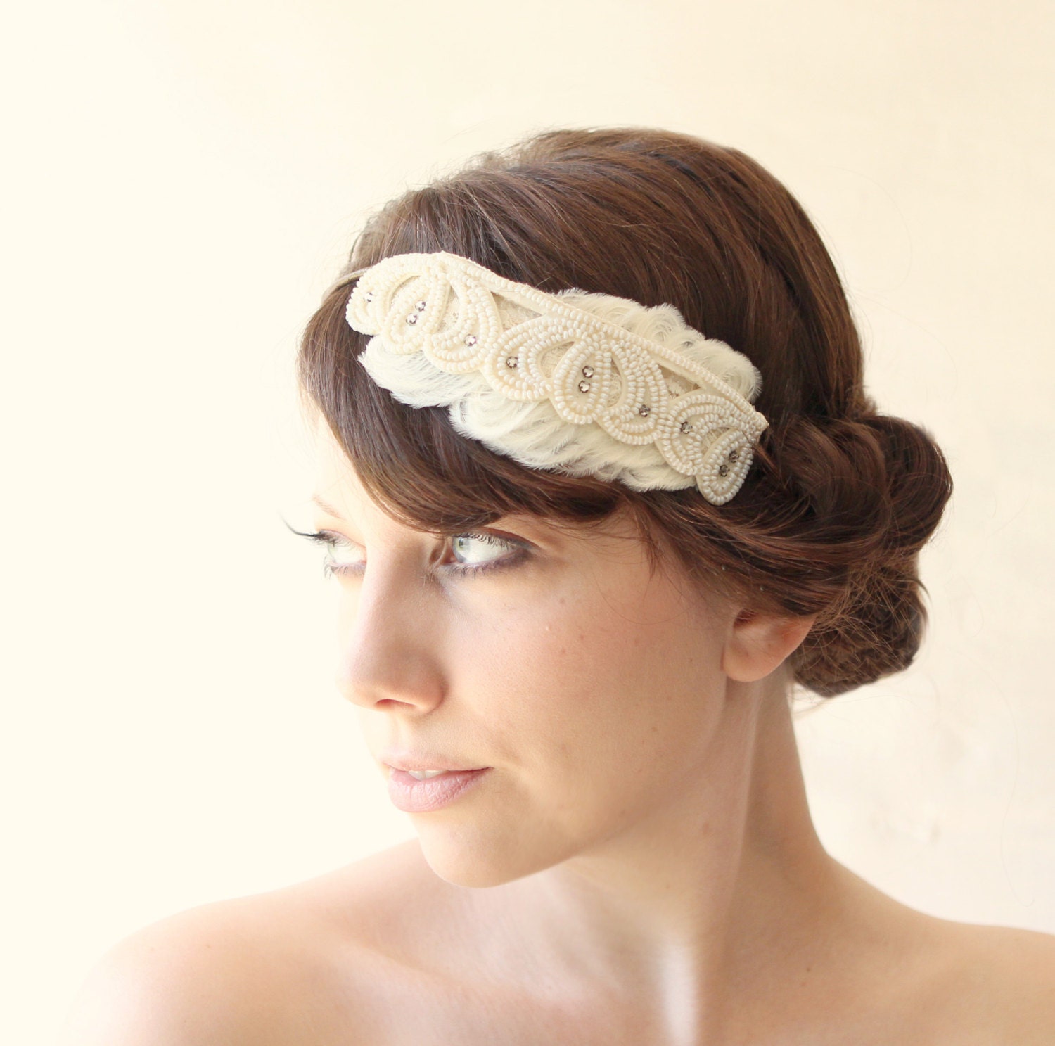 Beaded rhinestone and feather deco bridal head piece, Bridal hair band, fascinator, ivory wedding