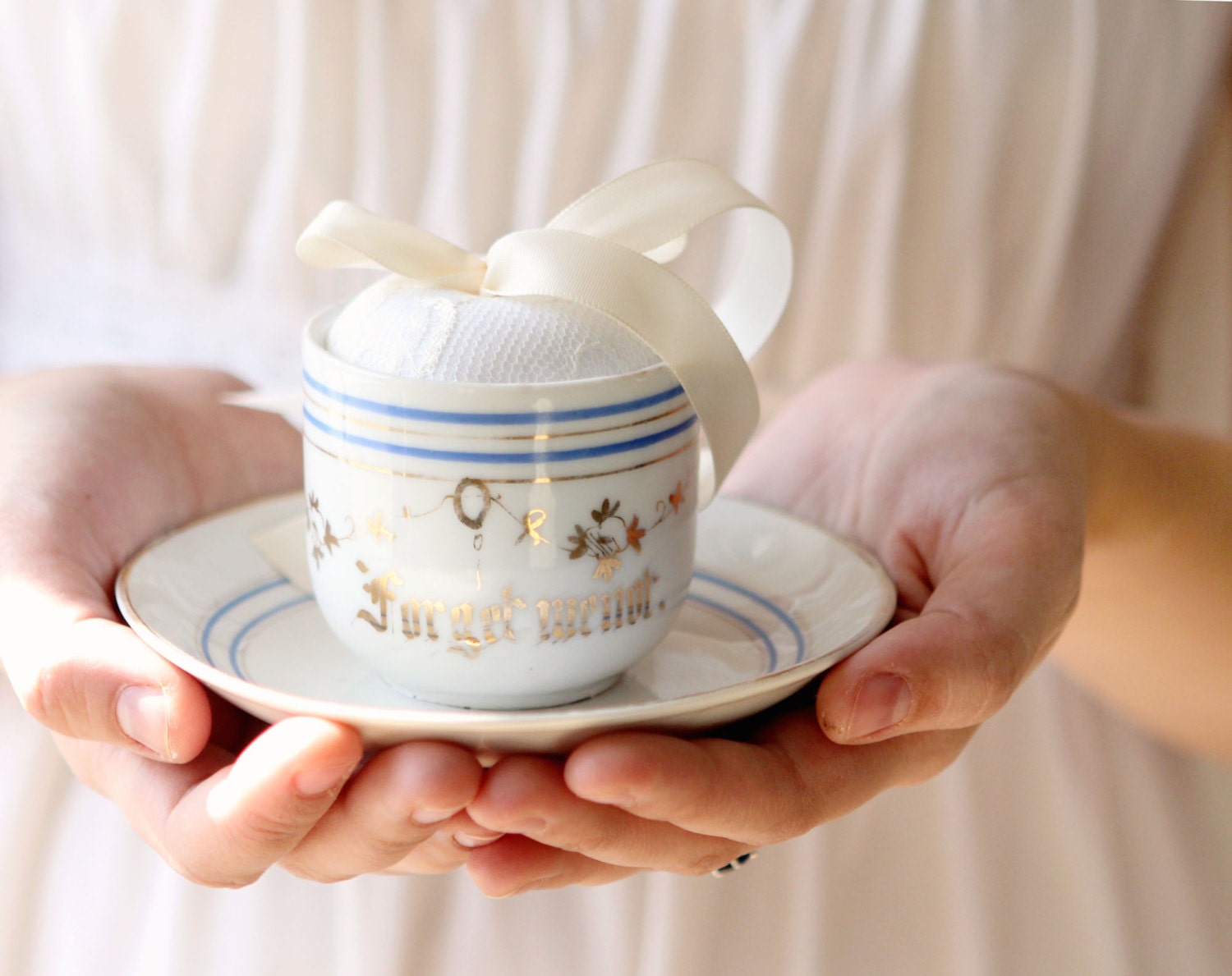 Me Not vintage ring bearer pillow TEA CUP by whichgoose