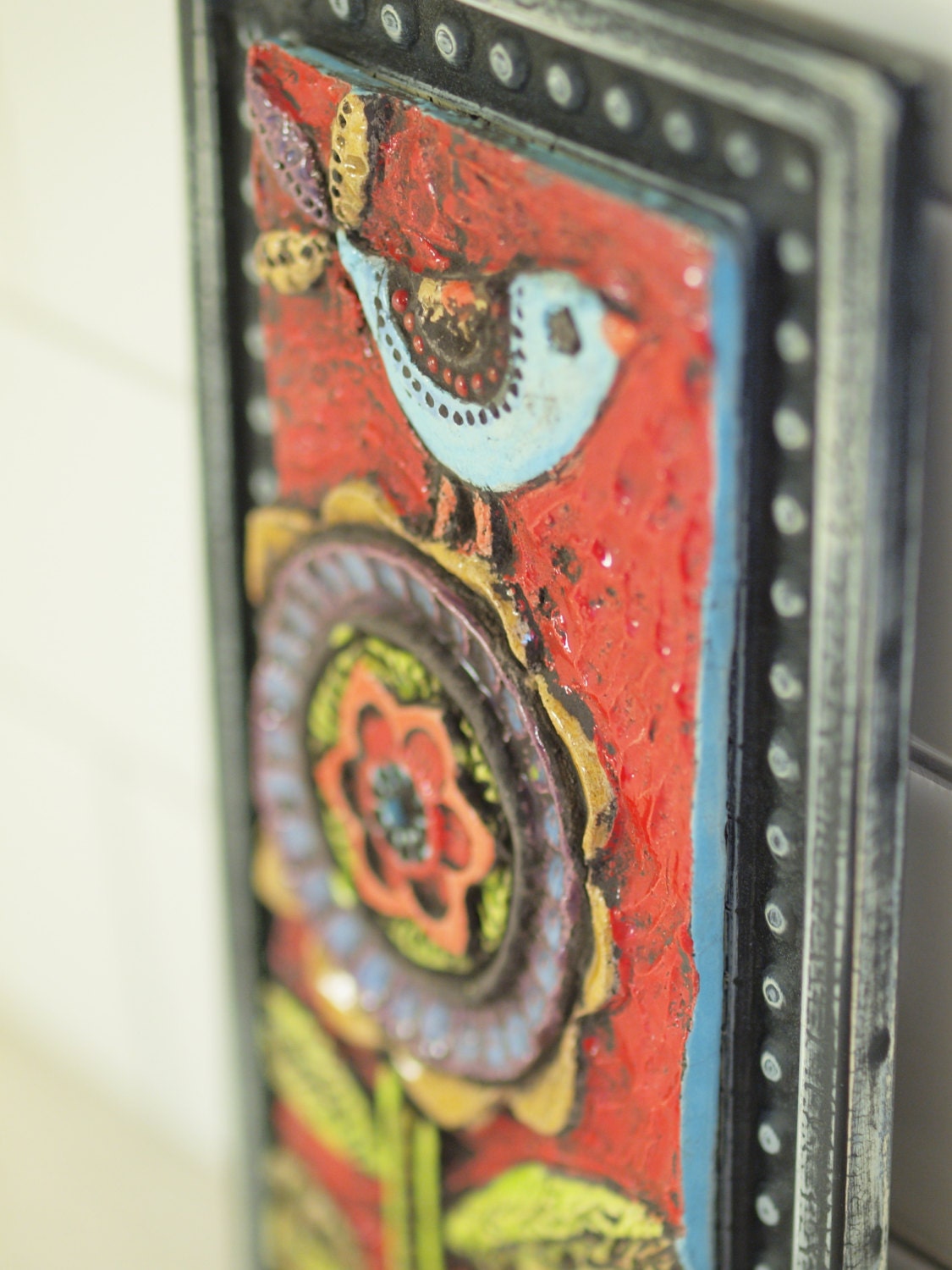 Wall Art - Bird on Blossom Clay Tile Wall Art - Colorful Pottery Mosaic Botanic Floral Home Decor Spring Summer Gardener Gift