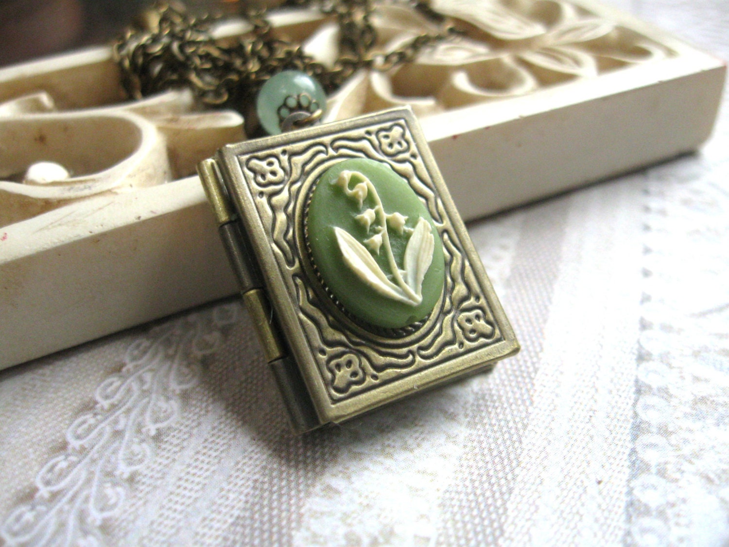 Cameo locket necklace, lily of the valley flowers - sage green cameo cabochon