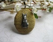Bunny rabbit locket, brass - large vintage locket necklace, long chain