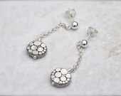 Silver pewter earrings, lightweight dangle style, bubble disks, modern contempoary unique artisan jewelry for women