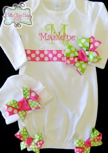 Newborn Layette Gown and beanie hat set for baby girls- Personalized hot pink and lime Custom Order Polka Dot Bows