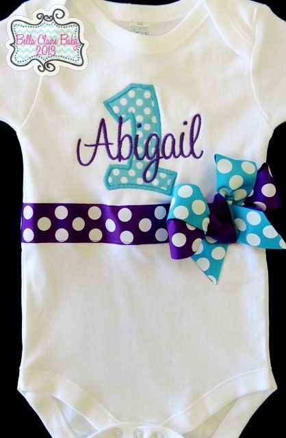 Girl Name bodysuit onesie for baby girls Initial Number Applique Custom design- turquoise and purple Polka Dot Bows