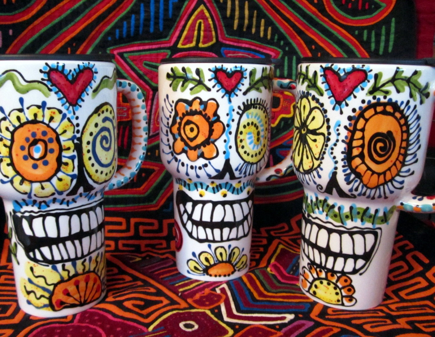 Sugar Skull Ceramic Travel Mug with Sacred Heart for Day of the Dead and Every Day