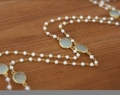 GORGEOUS Aqua Chalcedony and white pearl long necklace- Gold Filled by Yania Creations