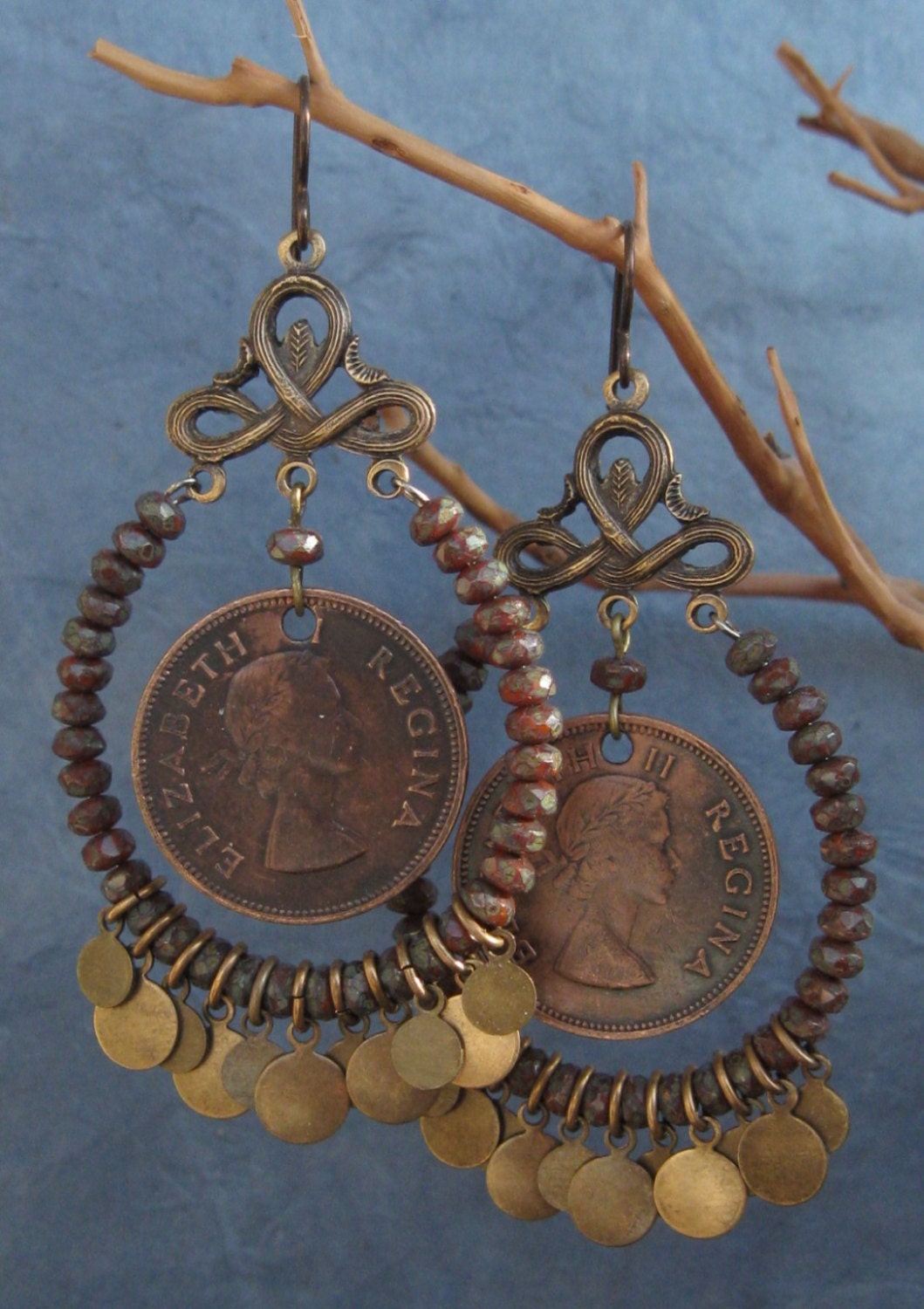 Coin & Bead Hoop Dangly Brass Filigree Earrings Made with Vintage Components