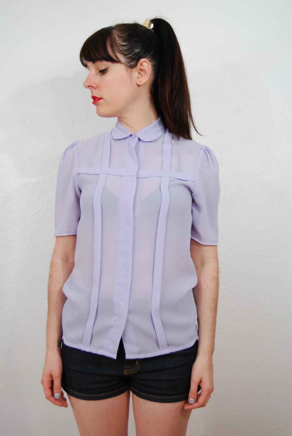 vintage 1980s / purple / lilac / semi sheer / peter pan collar / blouse / size small