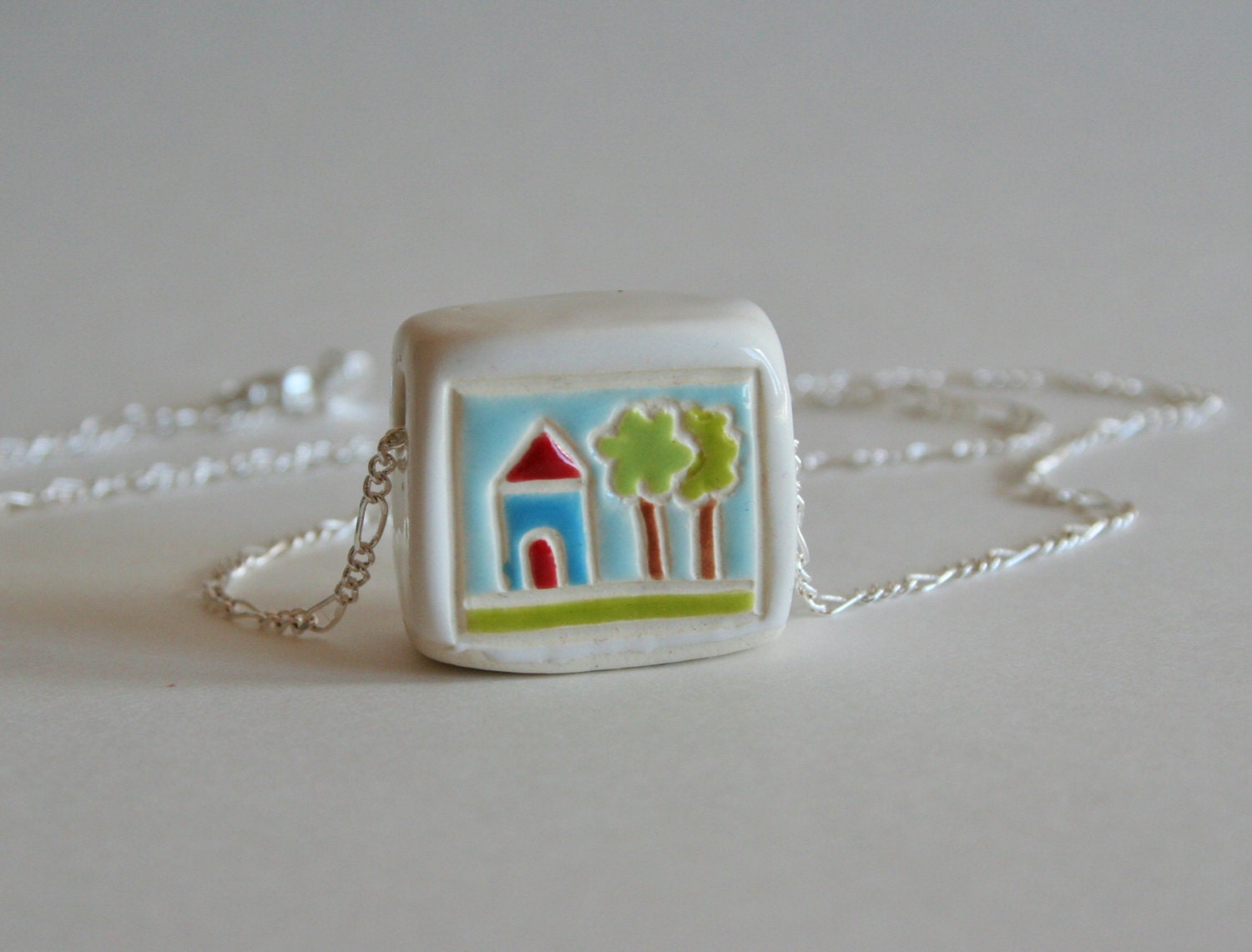 Sterling Necklace Little House Scenery Ceramic Charm White Pendant  Home Wearable Art Jewelry