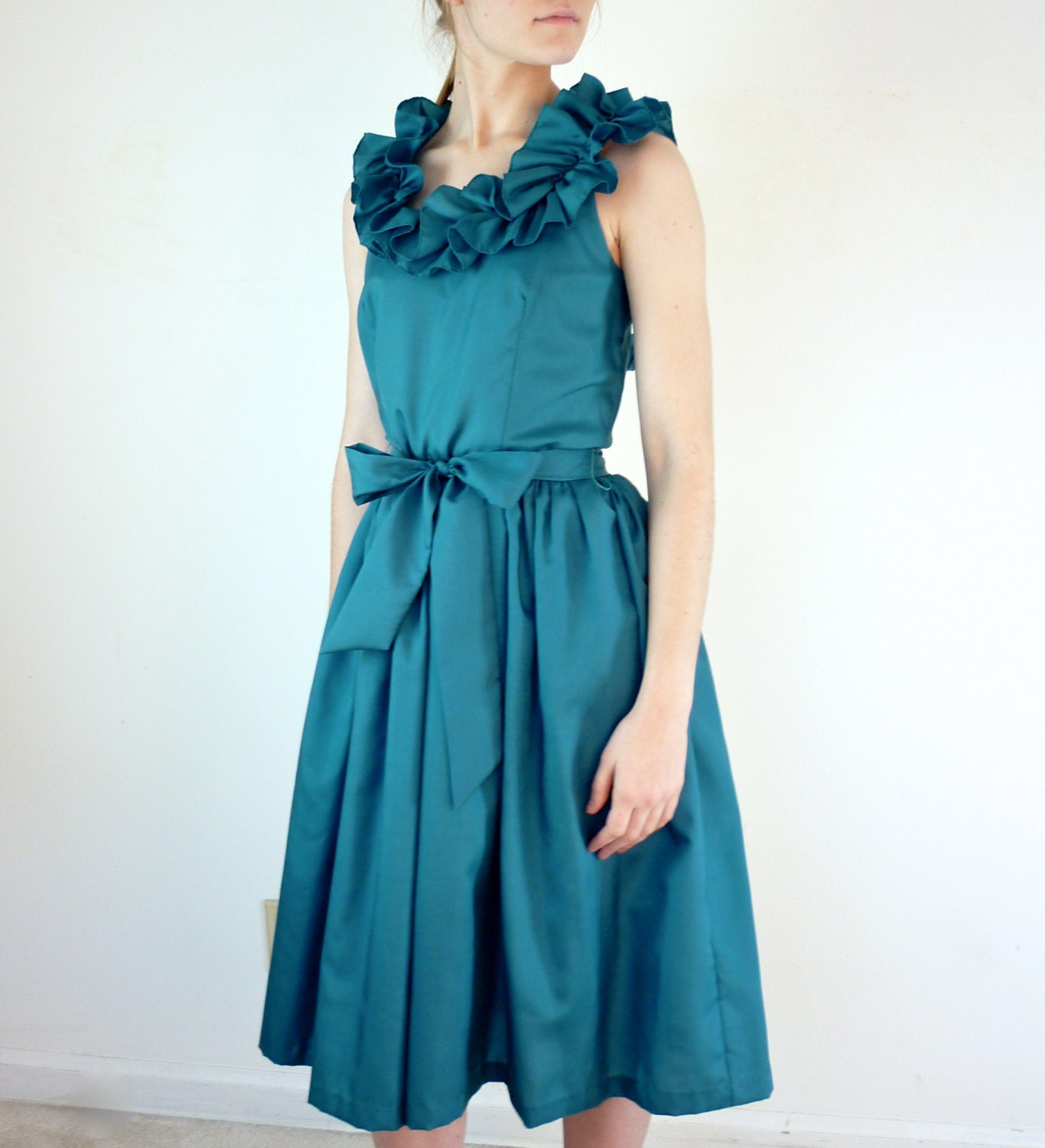 Vintage Sundress - 1970s Teal Ruffle Dress