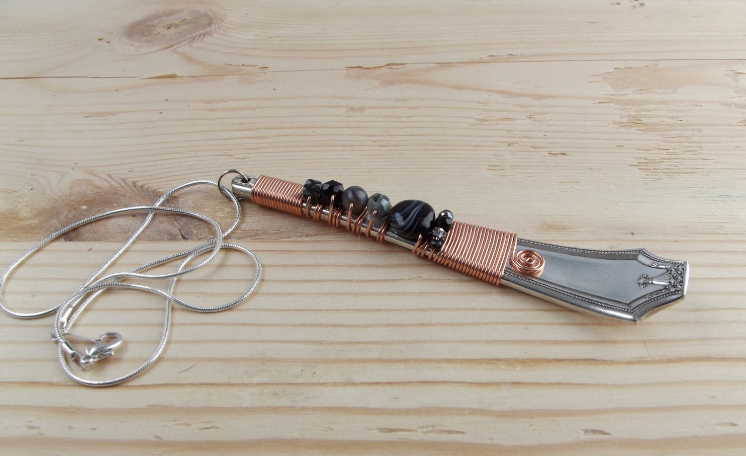 Recycled Antique Silver Spoon Necklace: Rich Black
