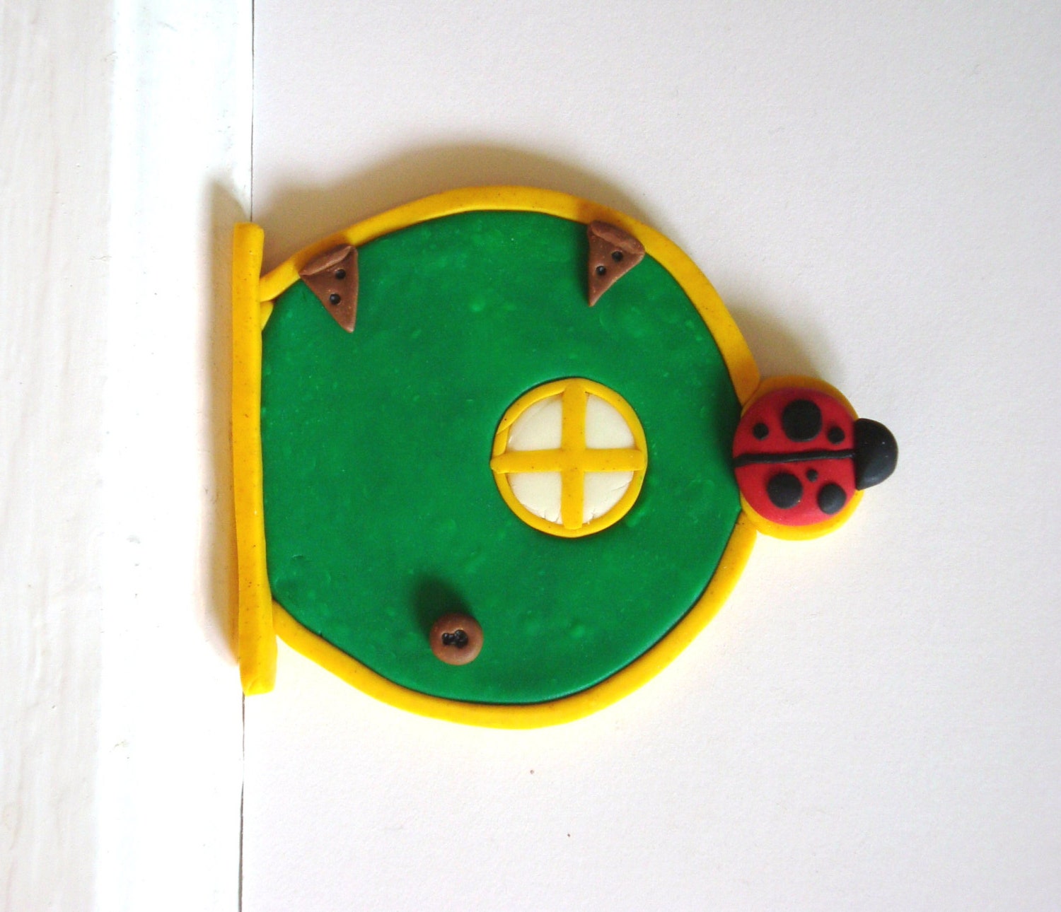 Fairy Door- Green with Ladybug & Glow-in-the-Dark Window- Polymer Clay