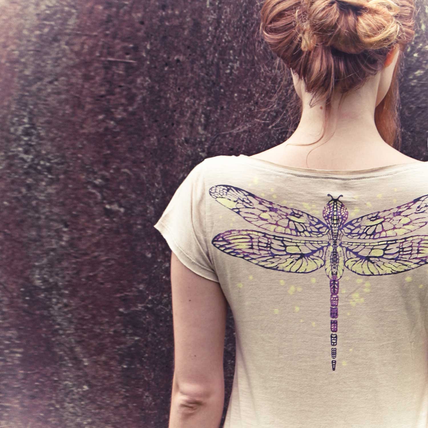 Women's Ivory Dragonfly Tee Original art of a detailed handpainted Dragonfly
