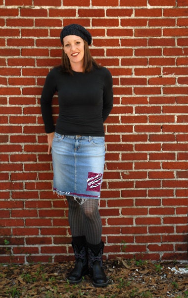 Size 11  Upcycled knee length denim skirt with Animal print Applique